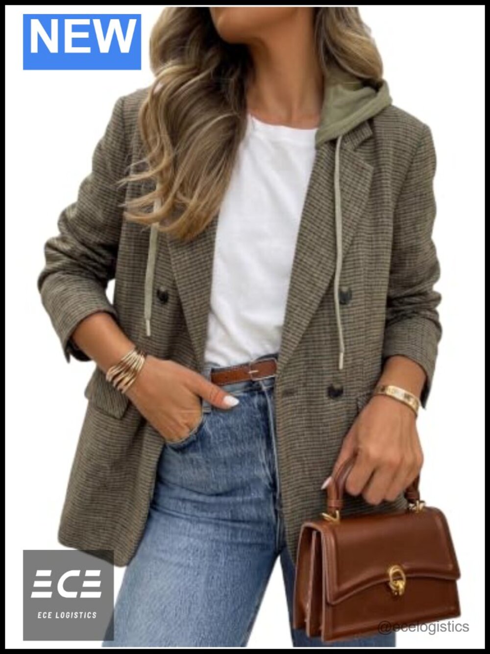 Tweed Hooded Plaid Blazer Jacket Loose Fit Business Casual